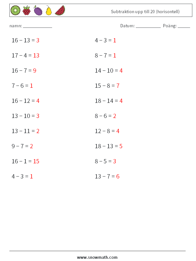 (20) Subtraktion upp till 20 (horisontell) Matematiska arbetsblad 8 Fråga, svar