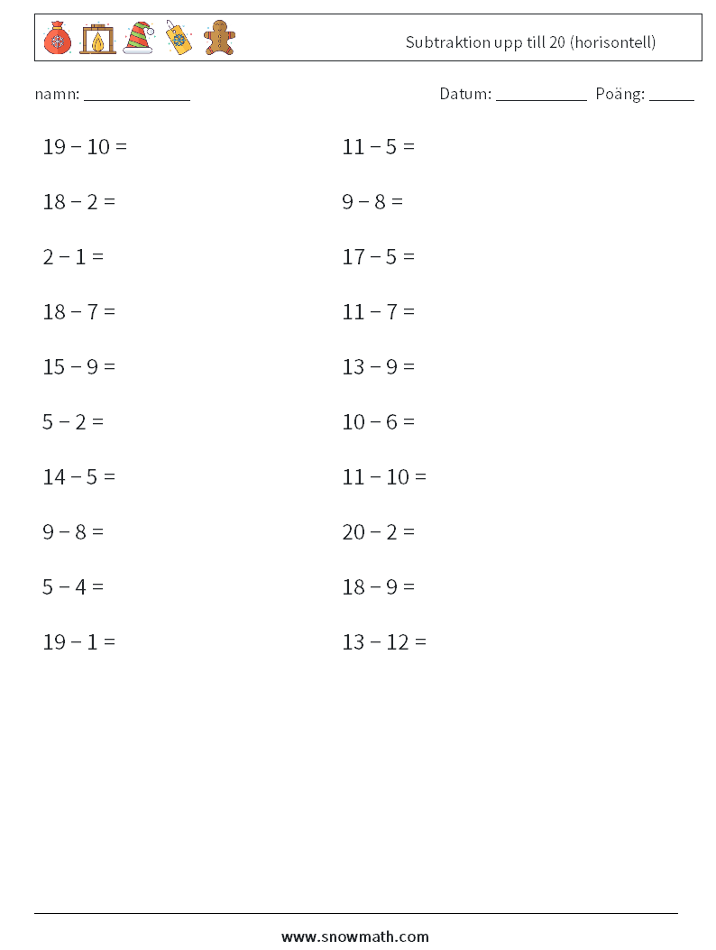 (20) Subtraktion upp till 20 (horisontell) Matematiska arbetsblad 9