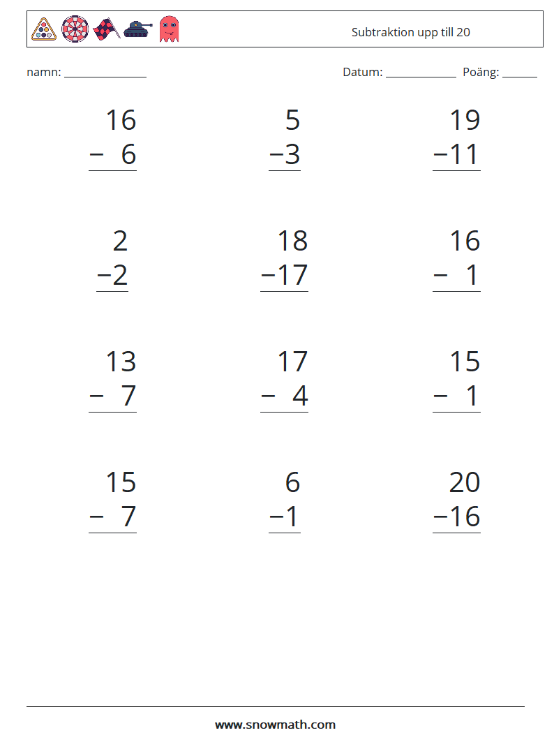 (12) Subtraktion upp till 20 Matematiska arbetsblad 1