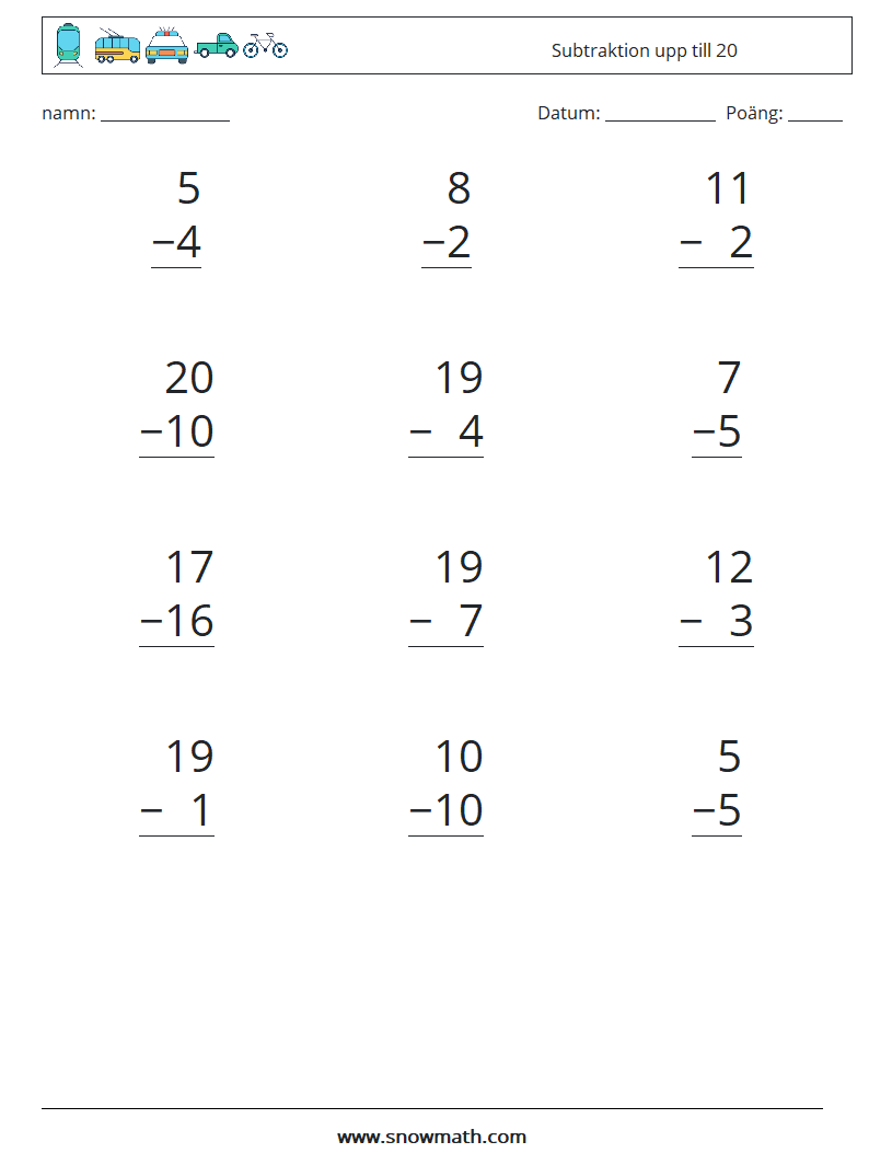 (12) Subtraktion upp till 20 Matematiska arbetsblad 10