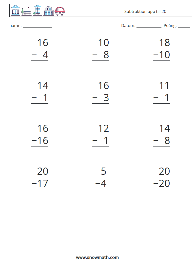 (12) Subtraktion upp till 20 Matematiska arbetsblad 13