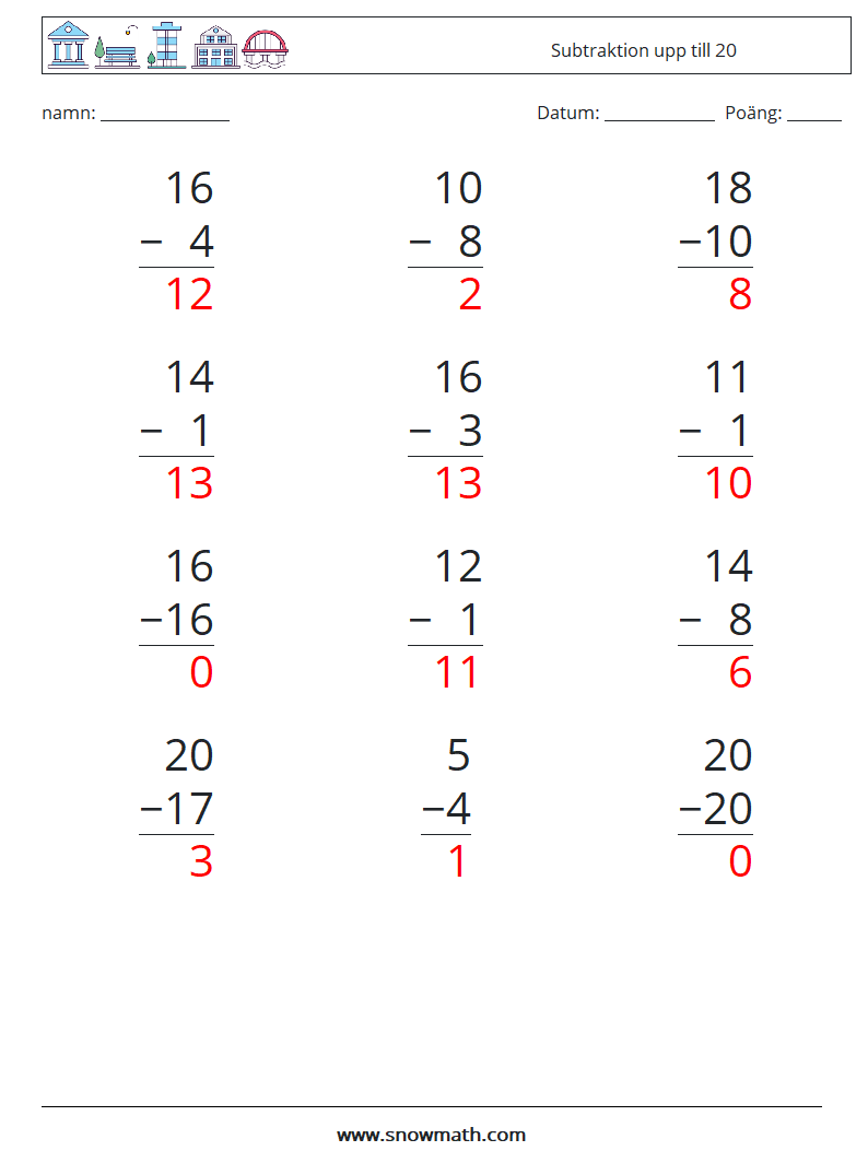 (12) Subtraktion upp till 20 Matematiska arbetsblad 13 Fråga, svar