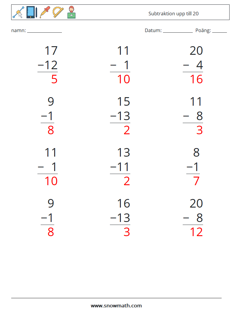 (12) Subtraktion upp till 20 Matematiska arbetsblad 14 Fråga, svar