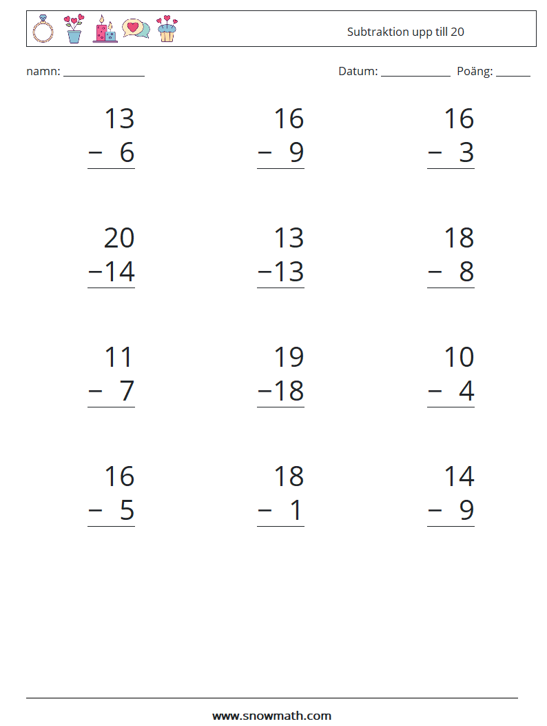 (12) Subtraktion upp till 20 Matematiska arbetsblad 15