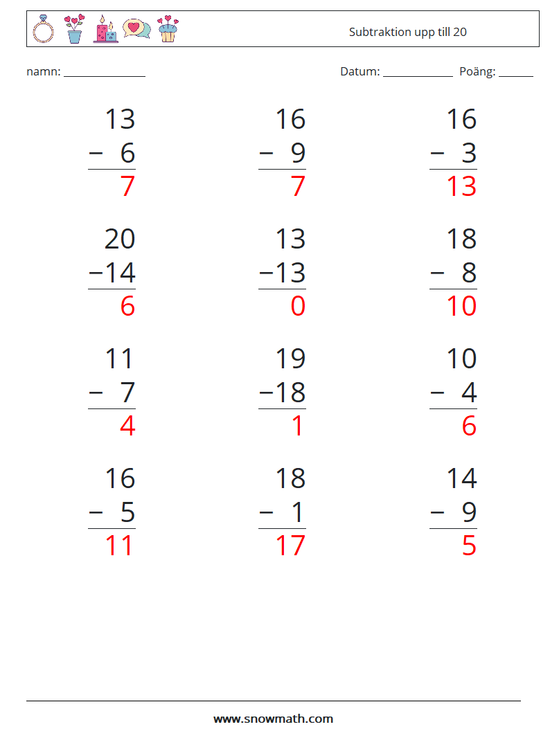 (12) Subtraktion upp till 20 Matematiska arbetsblad 15 Fråga, svar