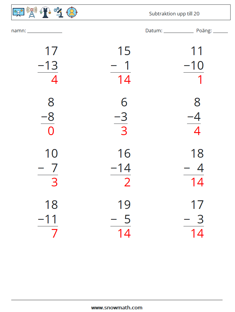 (12) Subtraktion upp till 20 Matematiska arbetsblad 16 Fråga, svar