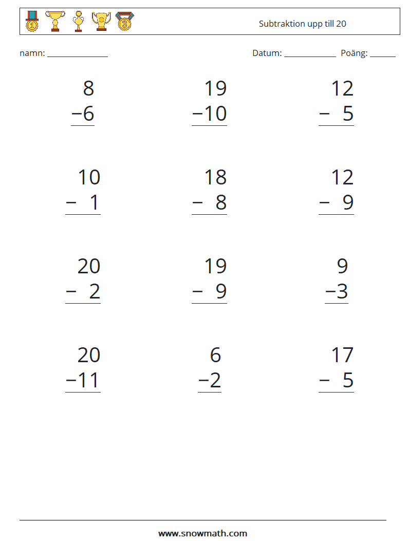 (12) Subtraktion upp till 20 Matematiska arbetsblad 18