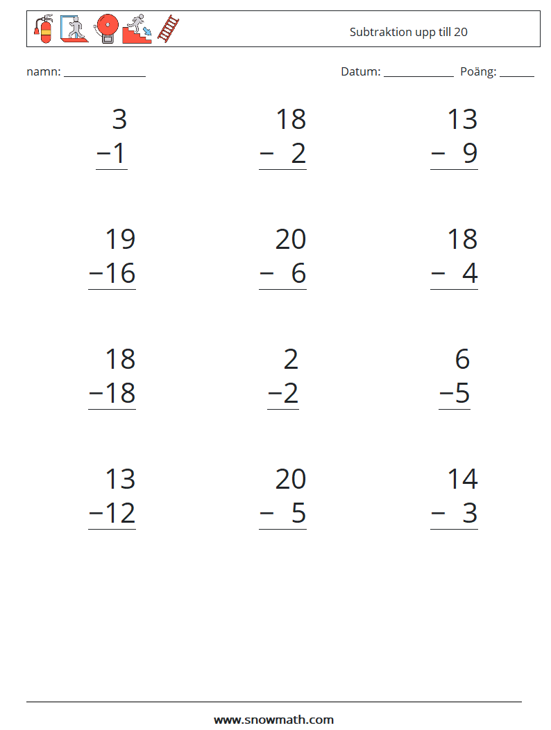 (12) Subtraktion upp till 20 Matematiska arbetsblad 5