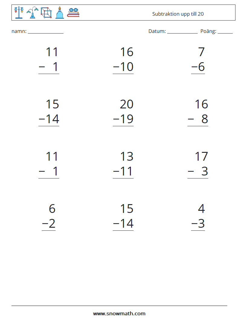 (12) Subtraktion upp till 20 Matematiska arbetsblad 6