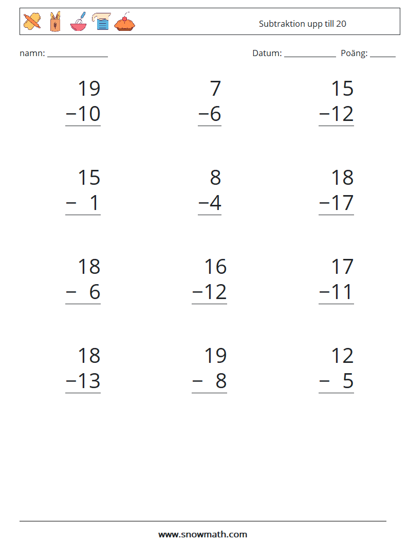 (12) Subtraktion upp till 20 Matematiska arbetsblad 7