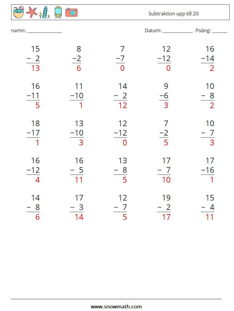 (25) Subtraktion upp till 20 Matematiska arbetsblad 10 Fråga, svar