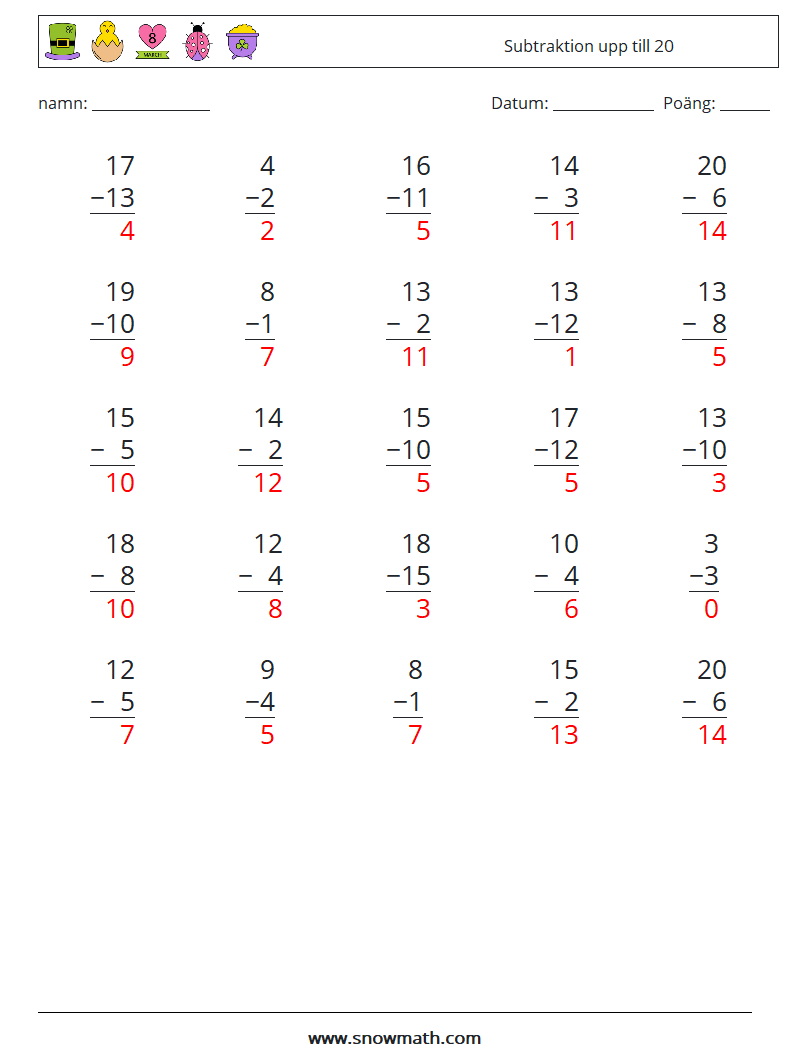 (25) Subtraktion upp till 20 Matematiska arbetsblad 18 Fråga, svar