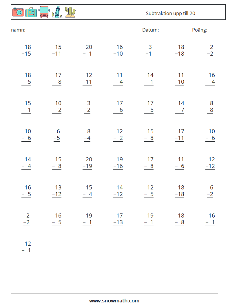 (50) Subtraktion upp till 20 Matematiska arbetsblad 10