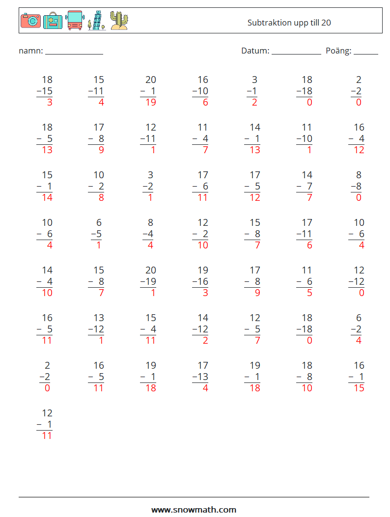 (50) Subtraktion upp till 20 Matematiska arbetsblad 10 Fråga, svar