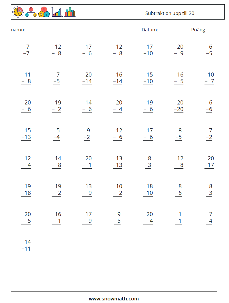 (50) Subtraktion upp till 20 Matematiska arbetsblad 11