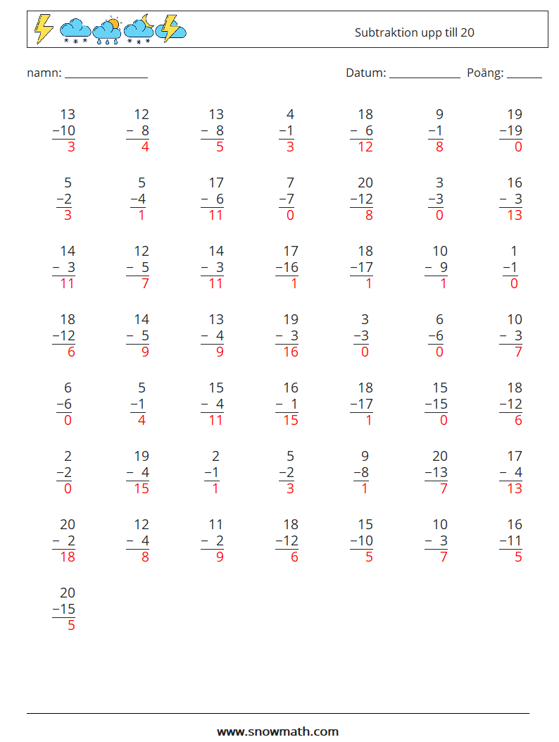 (50) Subtraktion upp till 20 Matematiska arbetsblad 13 Fråga, svar