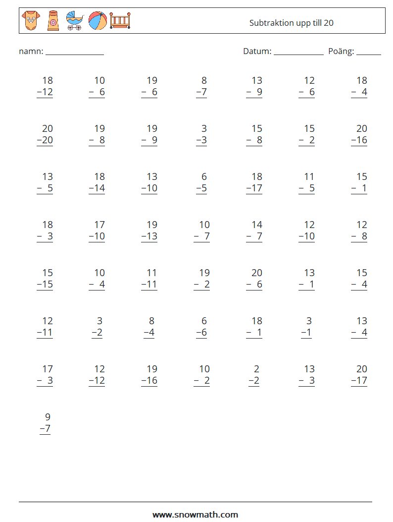 (50) Subtraktion upp till 20 Matematiska arbetsblad 15
