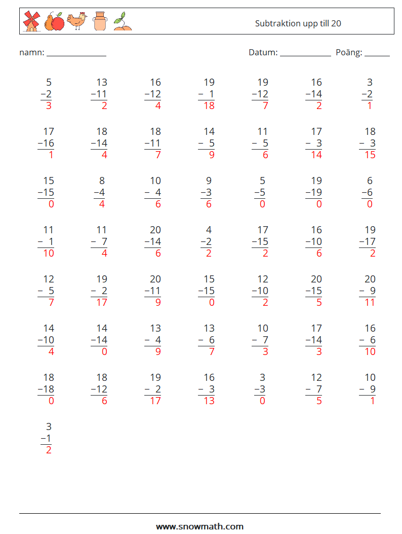 (50) Subtraktion upp till 20 Matematiska arbetsblad 16 Fråga, svar