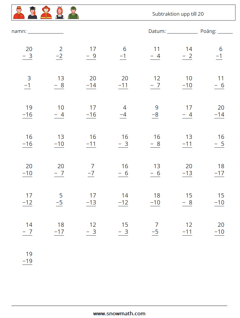 (50) Subtraktion upp till 20 Matematiska arbetsblad 17