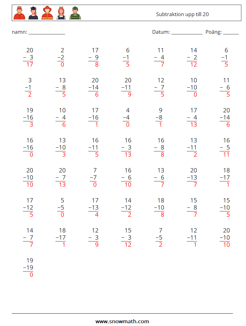 (50) Subtraktion upp till 20 Matematiska arbetsblad 17 Fråga, svar