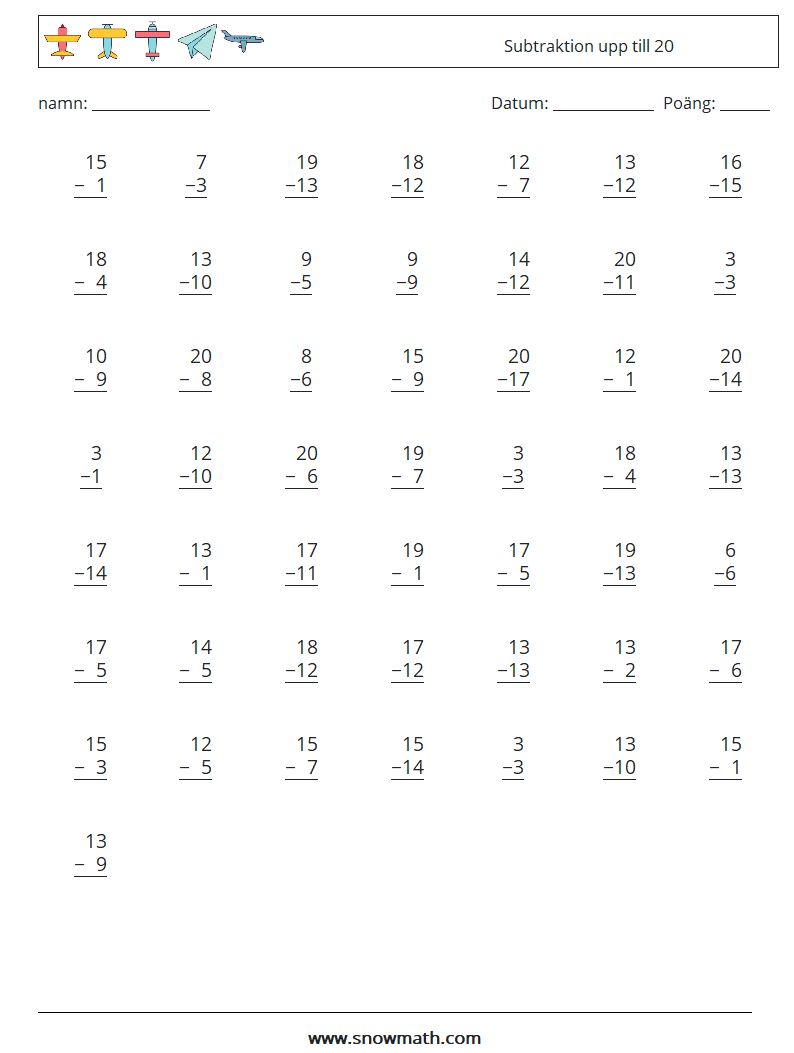 (50) Subtraktion upp till 20 Matematiska arbetsblad 18