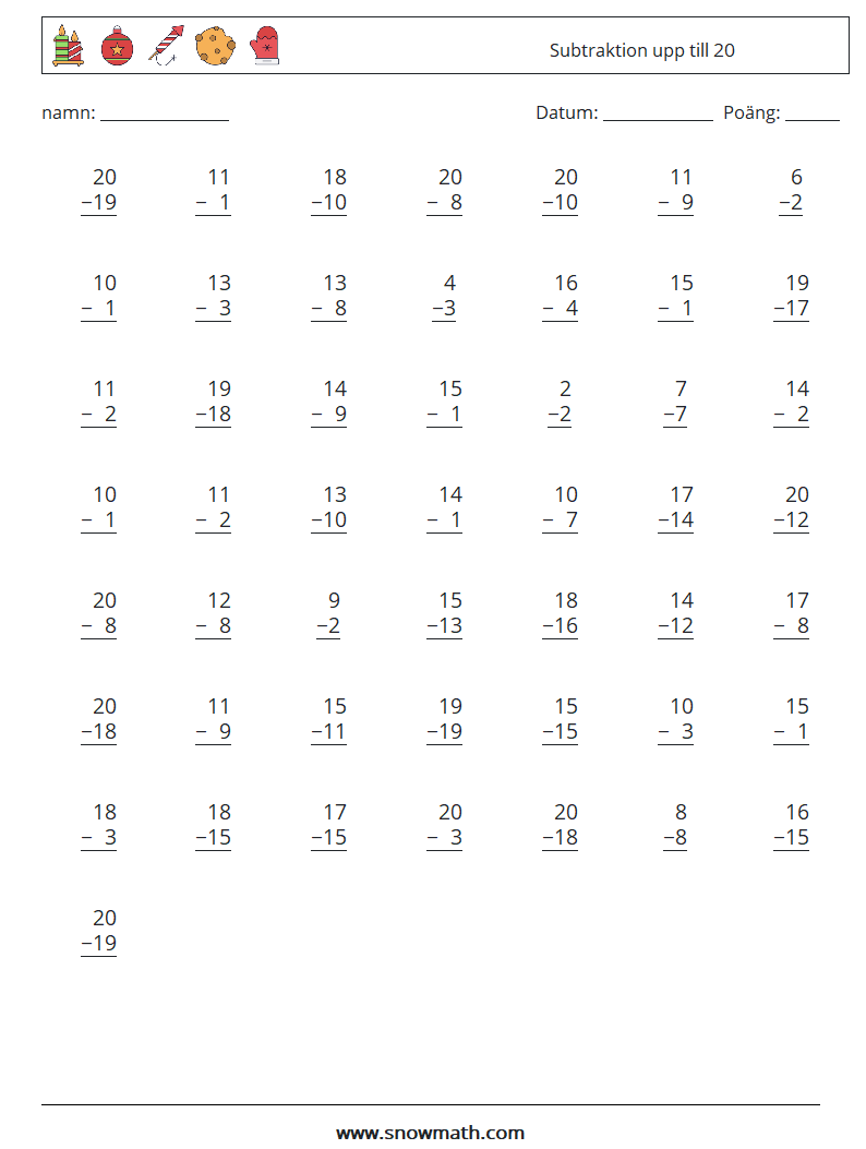 (50) Subtraktion upp till 20 Matematiska arbetsblad 4