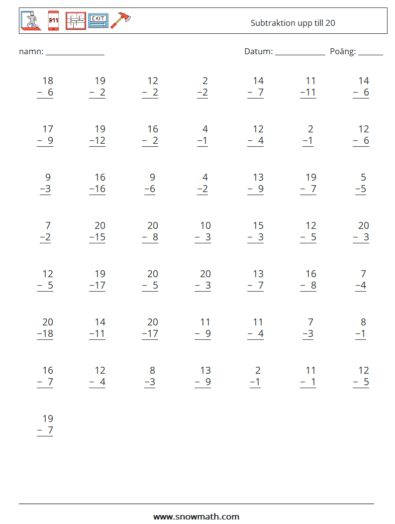 (50) Subtraktion upp till 20 Matematiska arbetsblad 5