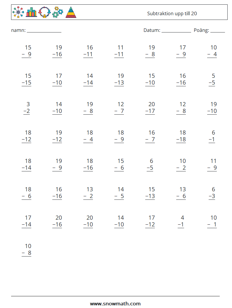 (50) Subtraktion upp till 20 Matematiska arbetsblad 6