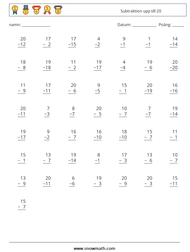 (50) Subtraktion upp till 20 Matematiska arbetsblad 9