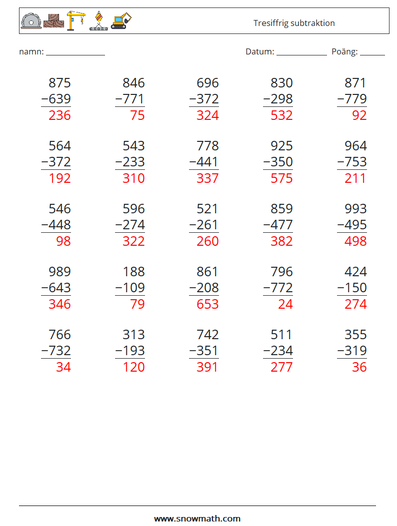 (25) Tresiffrig subtraktion Matematiska arbetsblad 10 Fråga, svar