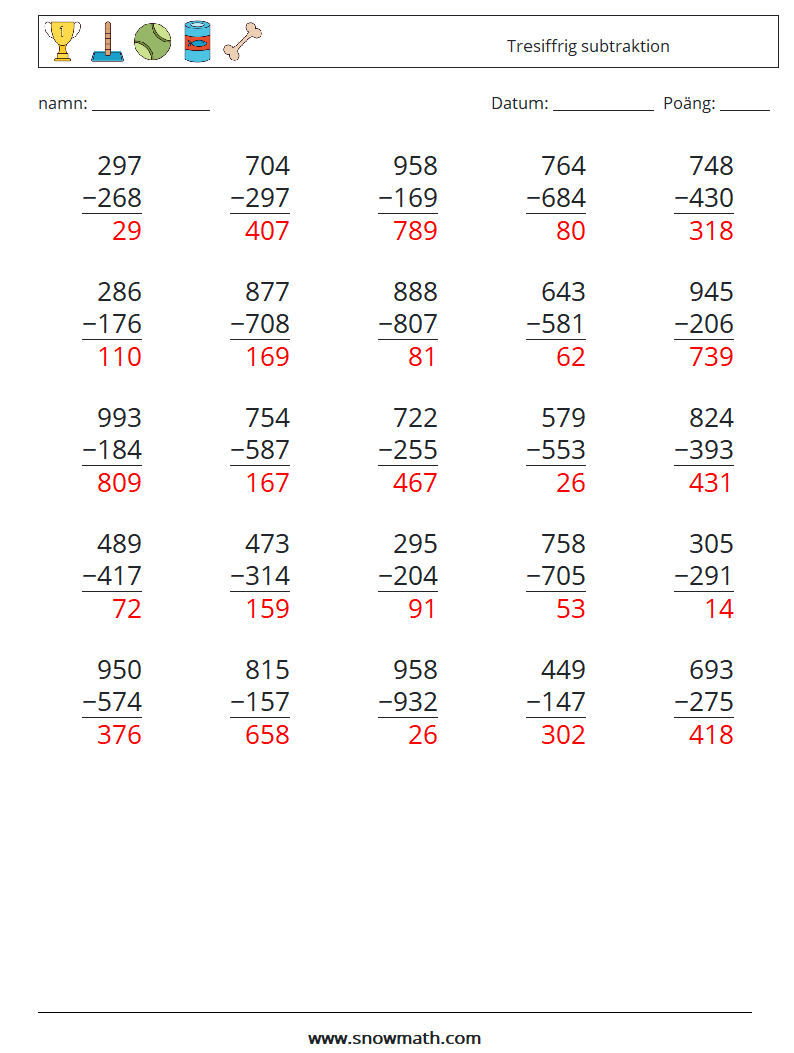 (25) Tresiffrig subtraktion Matematiska arbetsblad 15 Fråga, svar