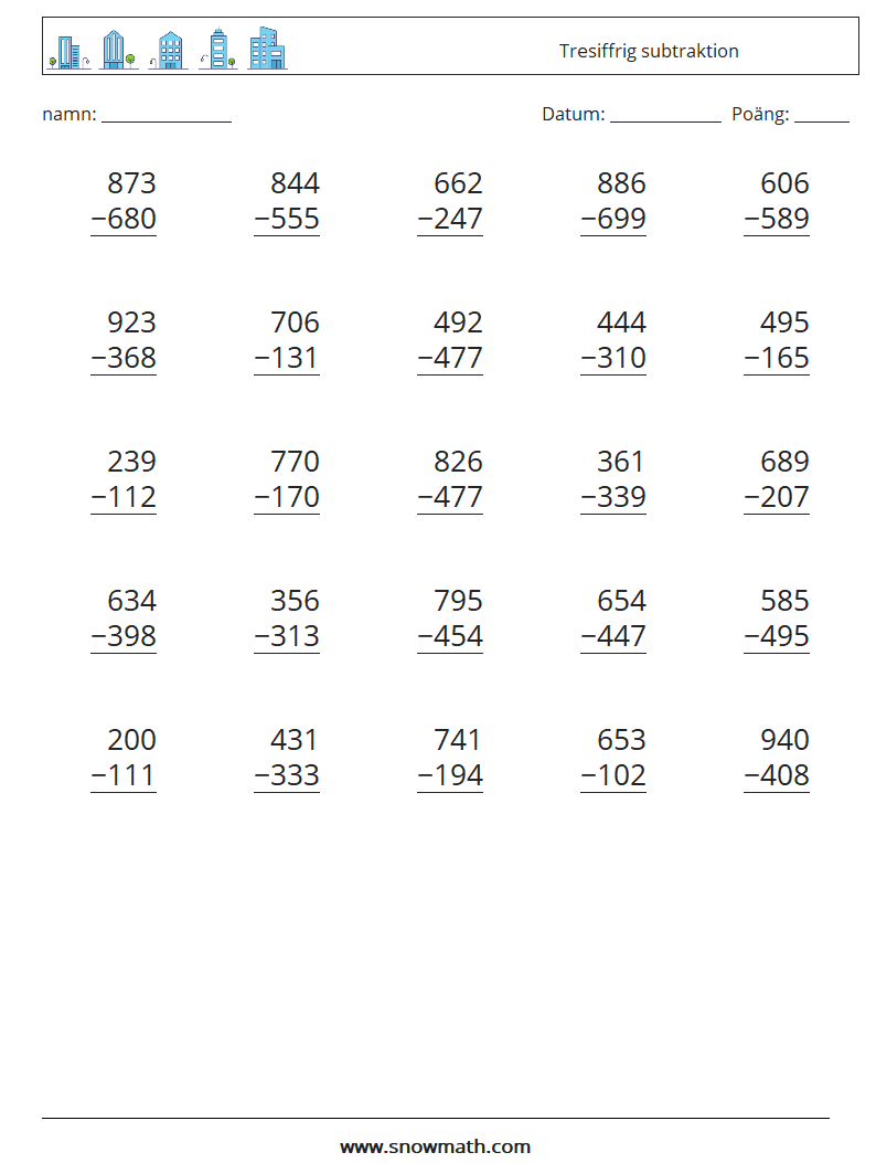 (25) Tresiffrig subtraktion Matematiska arbetsblad 3