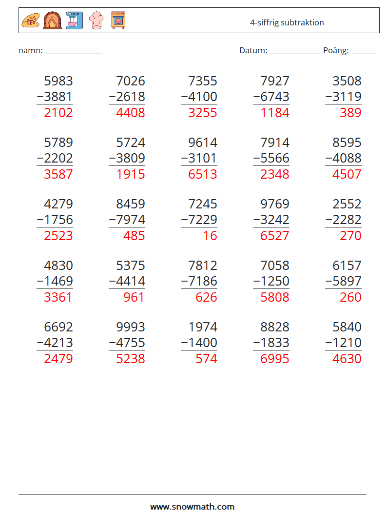 (25) 4-siffrig subtraktion Matematiska arbetsblad 15 Fråga, svar