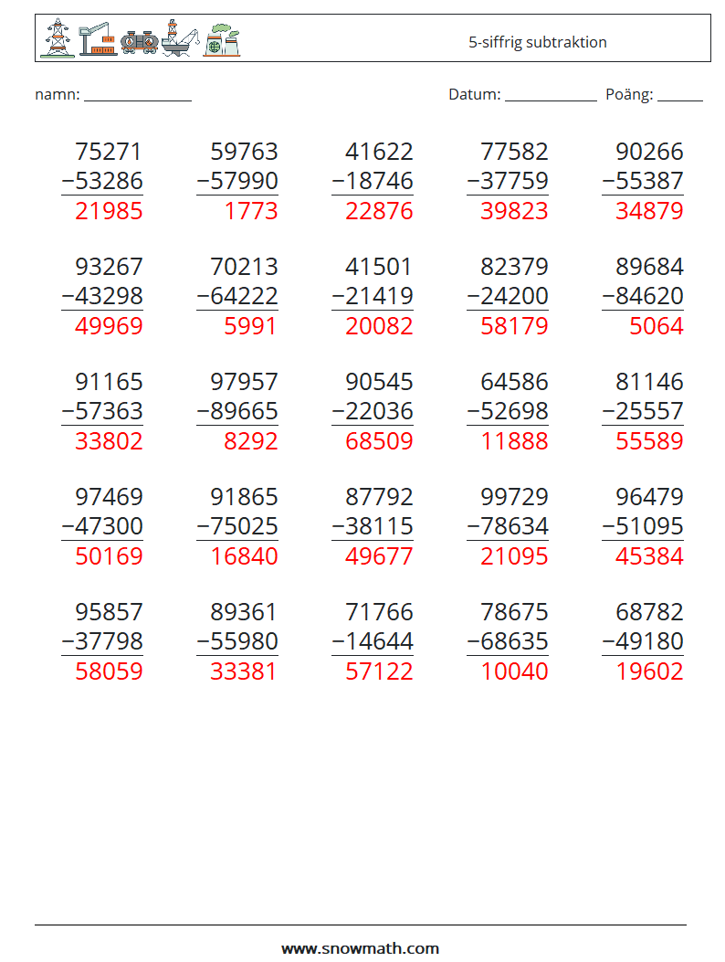 (25) 5-siffrig subtraktion Matematiska arbetsblad 13 Fråga, svar