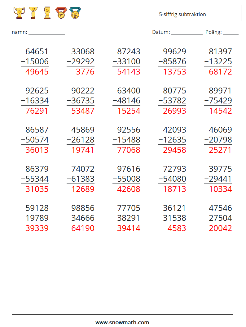 (25) 5-siffrig subtraktion Matematiska arbetsblad 16 Fråga, svar