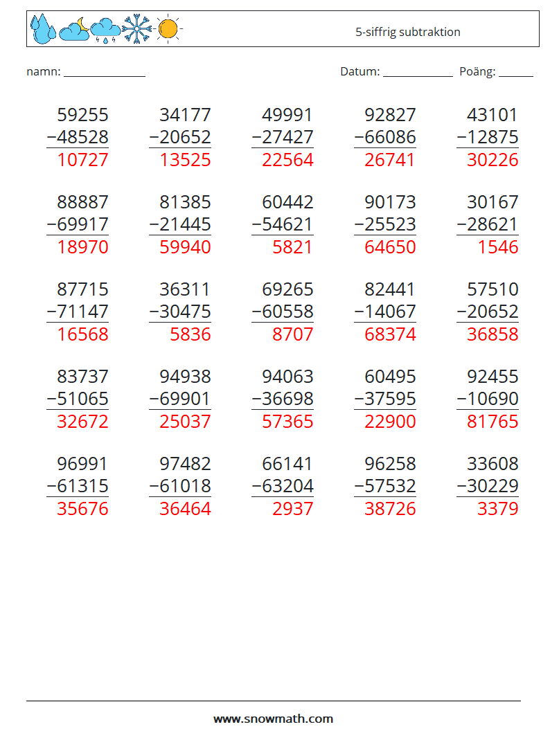 (25) 5-siffrig subtraktion Matematiska arbetsblad 18 Fråga, svar