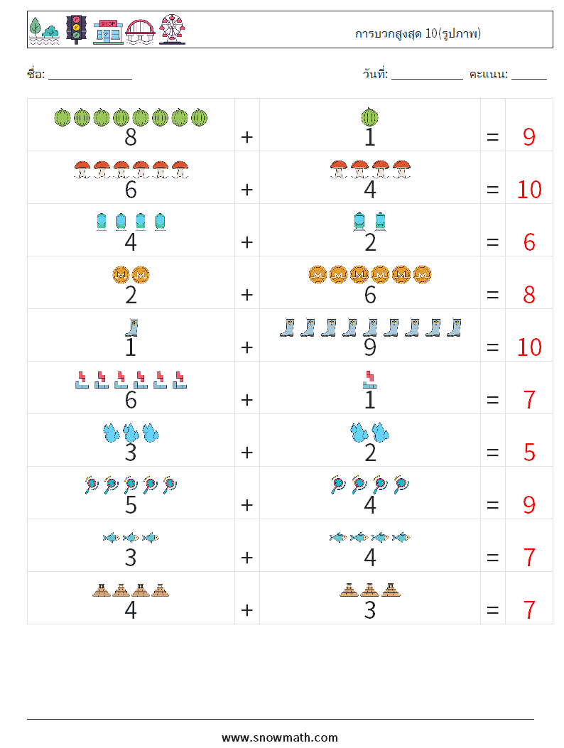 การบวกสูงสุด 10(รูปภาพ) ใบงานคณิตศาสตร์ 14 คำถาม คำตอบ