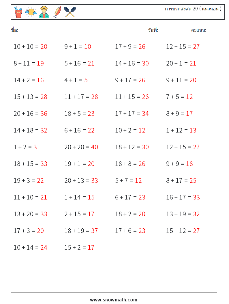 (50) การบวกสูงสุด 20 ( แนวนอน ) ใบงานคณิตศาสตร์ 3 คำถาม คำตอบ