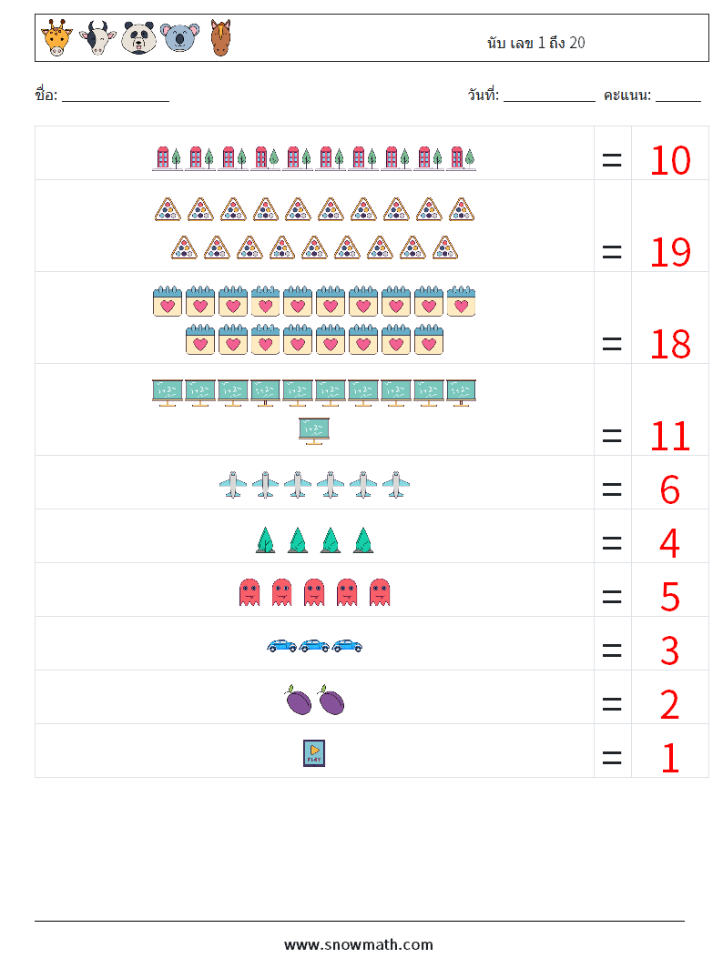 นับ เลข 1 ถึง 20 ใบงานคณิตศาสตร์ 12 คำถาม คำตอบ