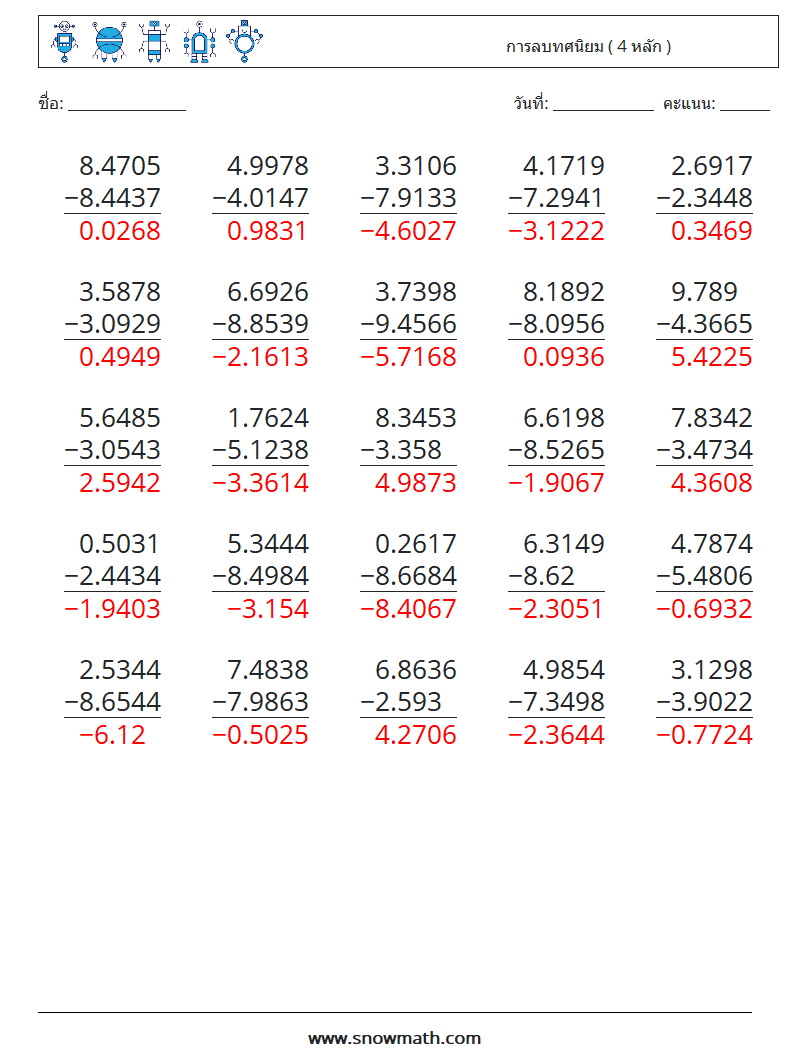 (25) การลบทศนิยม ( 4 หลัก ) ใบงานคณิตศาสตร์ 15 คำถาม คำตอบ