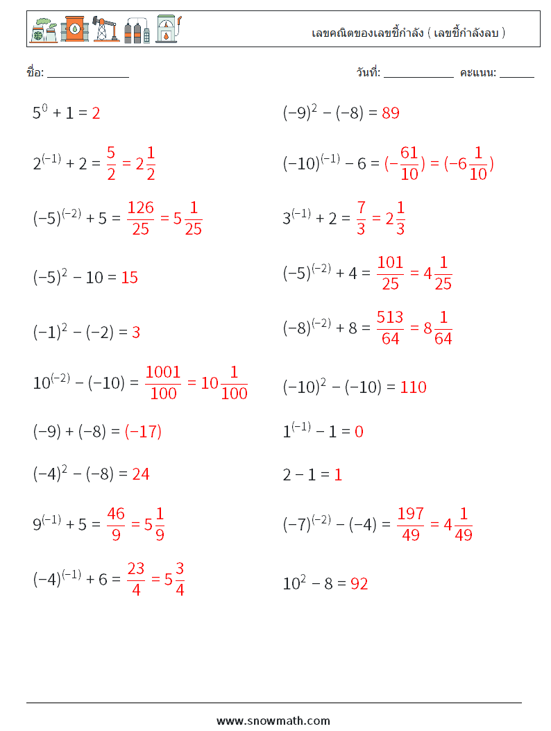  เลขคณิตของเลขชี้กำลัง ( เลขชี้กำลังลบ ) ใบงานคณิตศาสตร์ 6 คำถาม คำตอบ