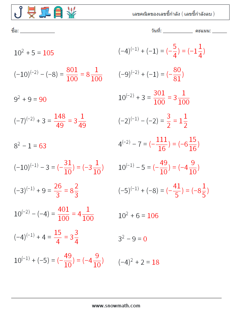  เลขคณิตของเลขชี้กำลัง ( เลขชี้กำลังลบ ) ใบงานคณิตศาสตร์ 9 คำถาม คำตอบ