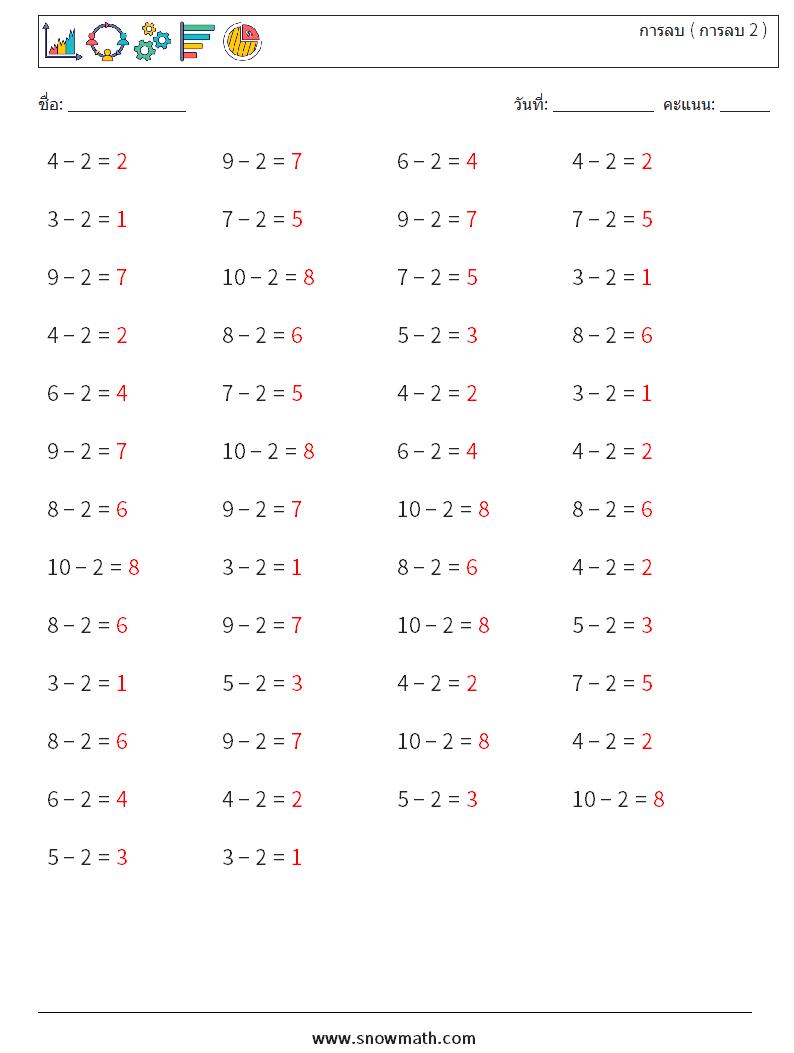 (50) การลบ ( การลบ 2 ) ใบงานคณิตศาสตร์ 4 คำถาม คำตอบ