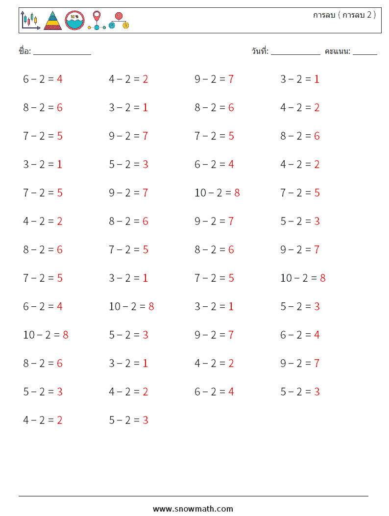 (50) การลบ ( การลบ 2 ) ใบงานคณิตศาสตร์ 7 คำถาม คำตอบ