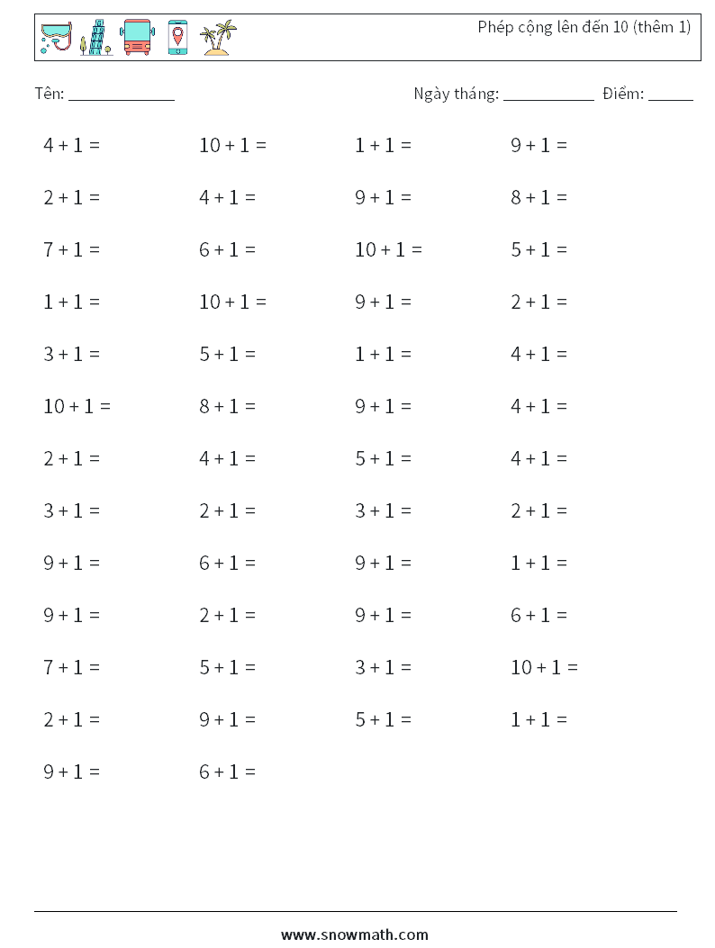 (50) Phép cộng lên đến 10 (thêm 1) Bảng tính toán học 3