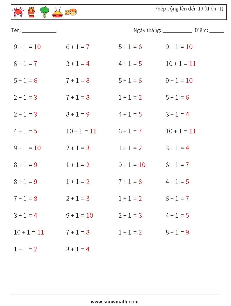 (50) Phép cộng lên đến 10 (thêm 1) Bảng tính toán học 4 Câu hỏi, câu trả lời