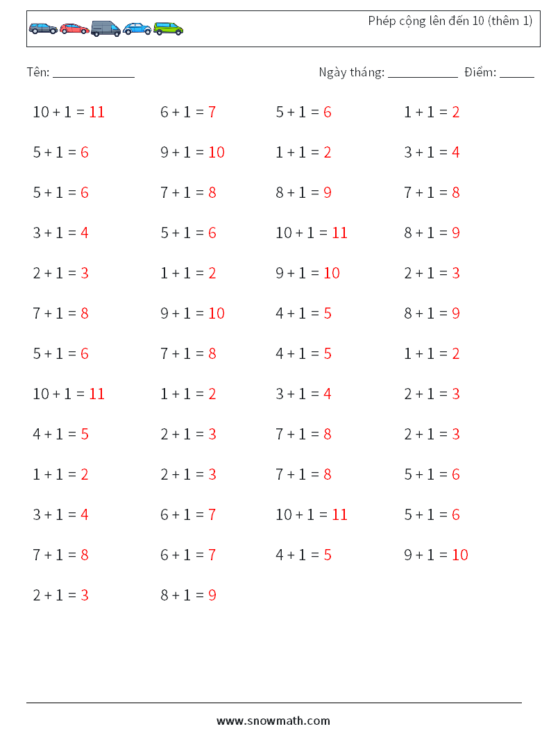 (50) Phép cộng lên đến 10 (thêm 1) Bảng tính toán học 8 Câu hỏi, câu trả lời