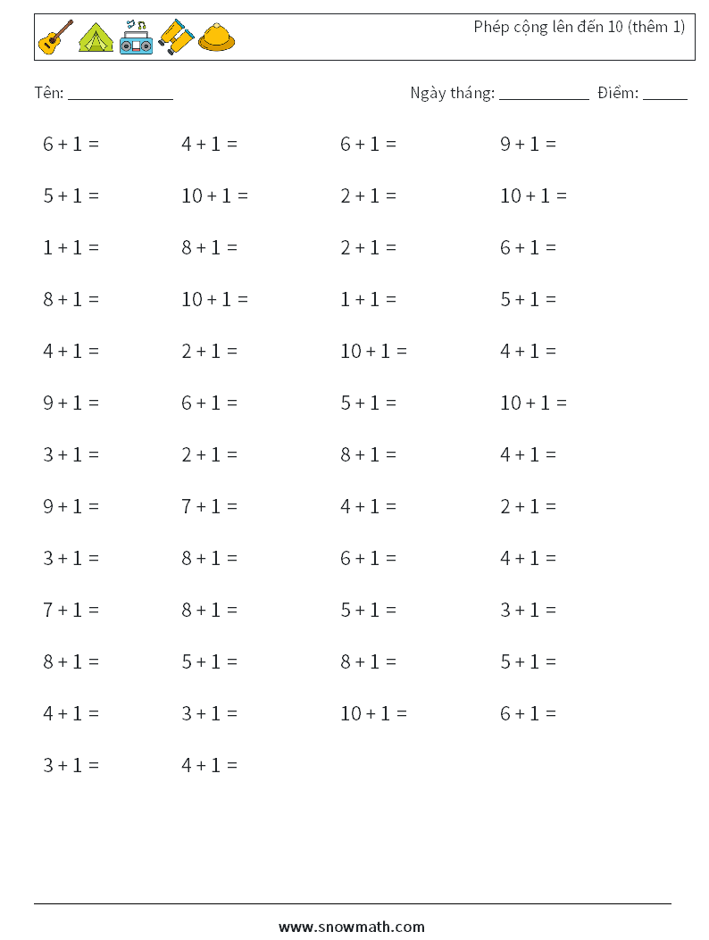 (50) Phép cộng lên đến 10 (thêm 1) Bảng tính toán học 9