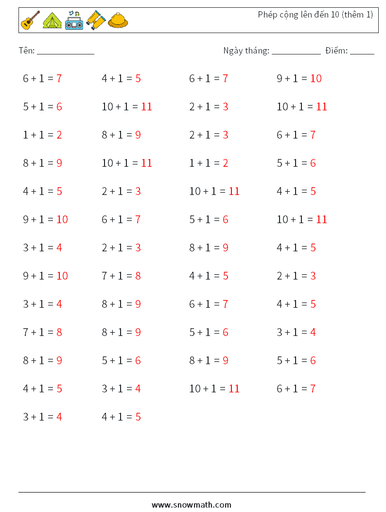 (50) Phép cộng lên đến 10 (thêm 1) Bảng tính toán học 9 Câu hỏi, câu trả lời