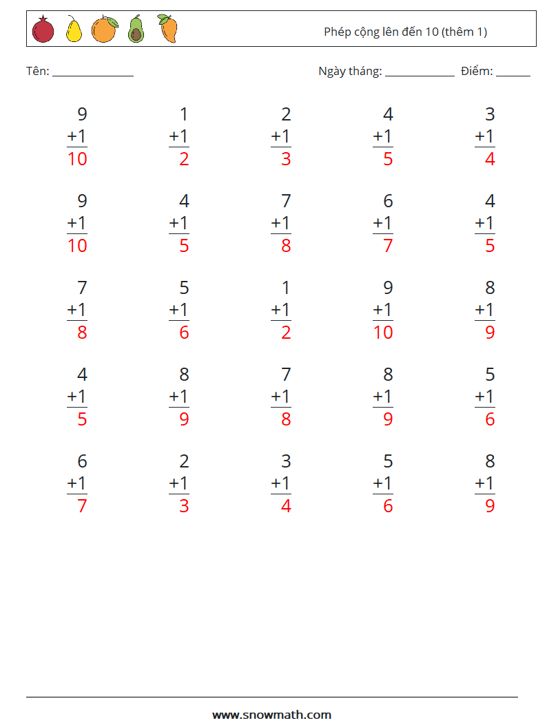 (25) Phép cộng lên đến 10 (thêm 1) Bảng tính toán học 7 Câu hỏi, câu trả lời